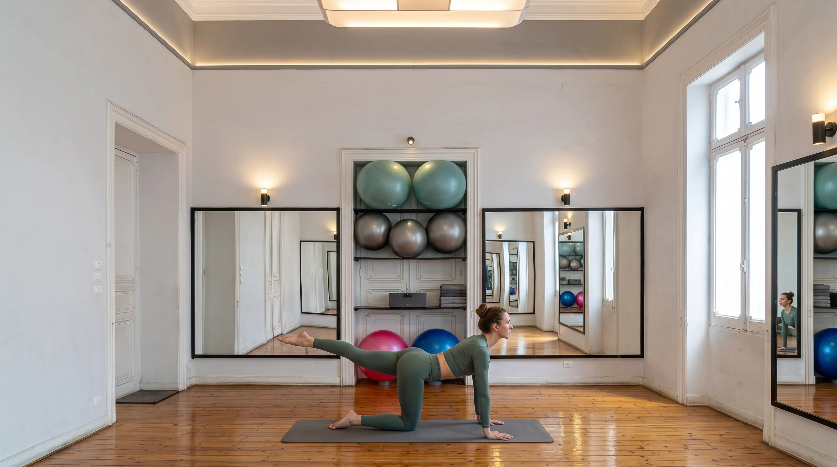 A member holding a table-top balance in the mirrored Canopus studio