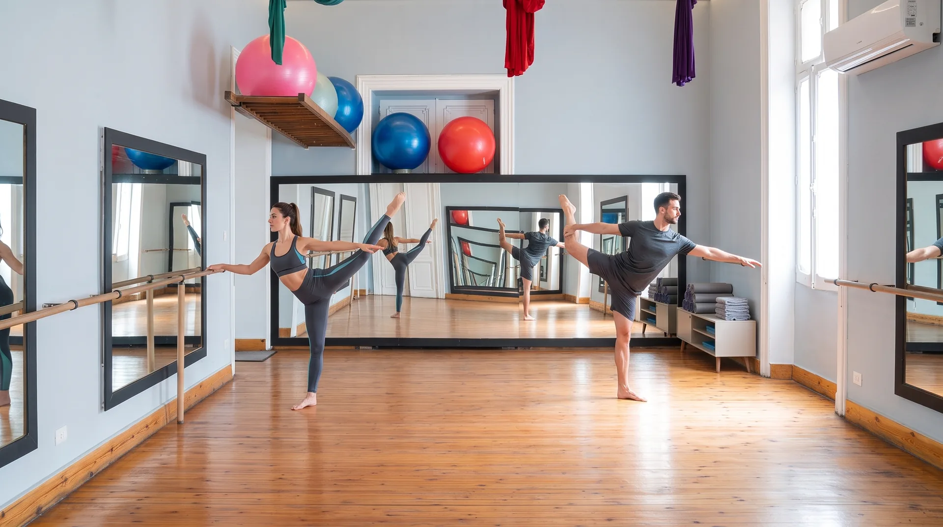 Members holding a standing balance pose in the mirrored Canopus studio