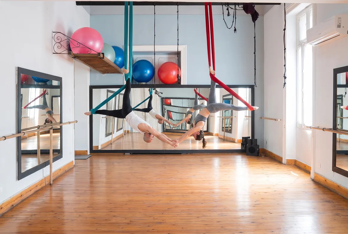 The Canopus aerial studio with hammocks rigged along the mirrored wall