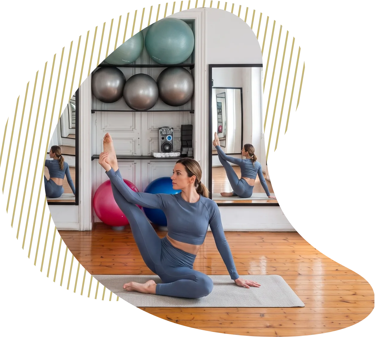 A member holding a seated side stretch on a mat in the Canopus studio